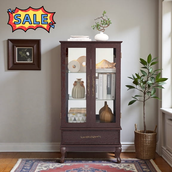 Tcbosik Curio Display Cabinet with Storage, Lighted Sideboard with Glass Shelves and 2 Doors, Kitchen Cupboard with Drawer for Home Office, Cherry