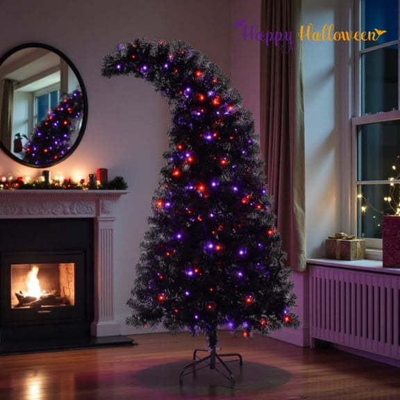 Tcbosik Curved Shape Christmas Tree with 250 Orange & Purple LED Lights, 6ft Prelit Artificial Xmas Tree with 900 Branch Tips & Metal Stand for Indoor Home Decor, Black