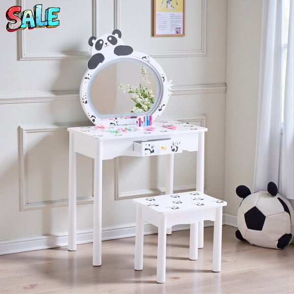 Tcbosik Cute Vanity Set with Stool, LED Touch Mirror Makeup Table with One Storage Drawer and Solid Wood Legs, Accent Panda Pattern, White Dressing Table