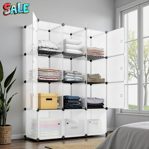 Tcbosik DIY Cube Storage Shelf with Doors, Steel Frame Plastic Closet Organizer Cabinet, 12-Compartment Modular Cube Shelving for Clothes, Books, Toys, Transparent White