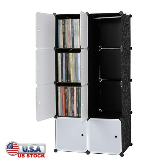 Tcbosik 8-Cube Storage Organizer with Hanging Rod and Doors, DIY Plastic Modular Bookshelf, Multifunctional Closet Cabinet for Bedroom, Living Room, Space Saving, Black & White