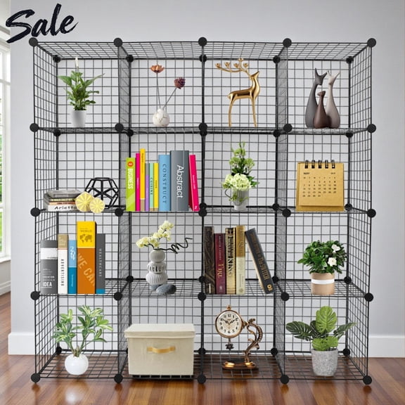 Tcbosik DIY Wire Cube Storage Shelving Unit, 16-Compartment Metal Grid Cube Organizer with ABS Connectors, 57" Modular Cubbies Bookcase, Black