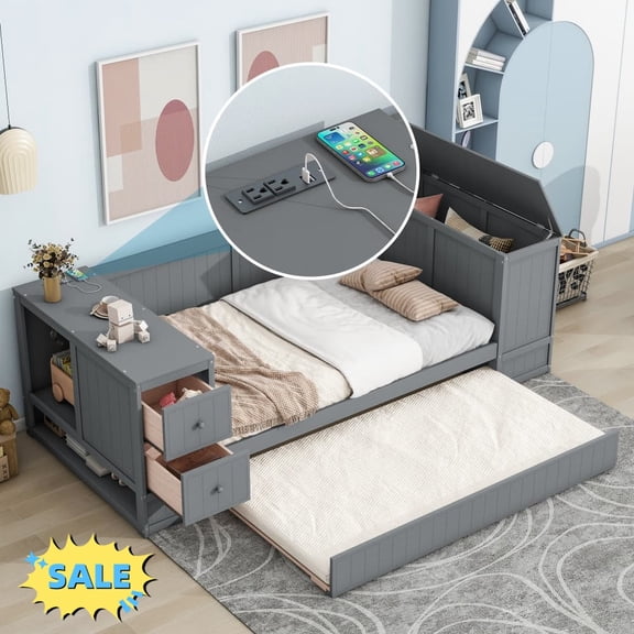 Tcbosik Daybed with Trundle and Charging Station, Twin Size Sofa Bed with Multi-Function Storage Arms, Bed Frame with 2 Drawers for Living Room, Guest Room, Bedroom, Space Saving, Grey