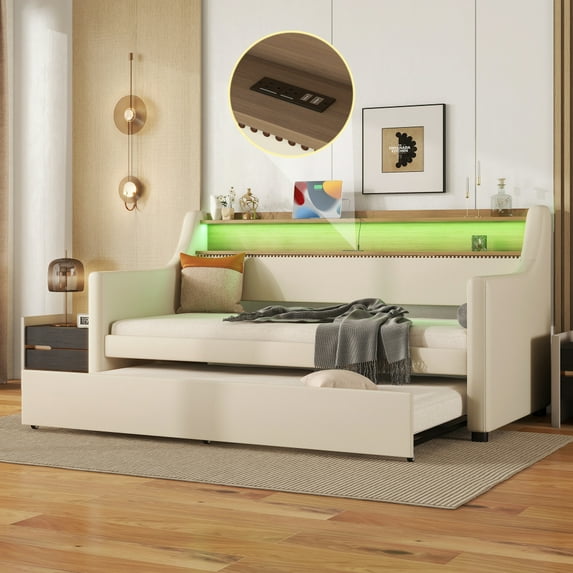 Tcbosik Daybed with Trundle Bed, Twin Size Sofa Bed with Charging Station and LED Lights, Upholstered Bed Frame for Living Room, Bedroom, Beige