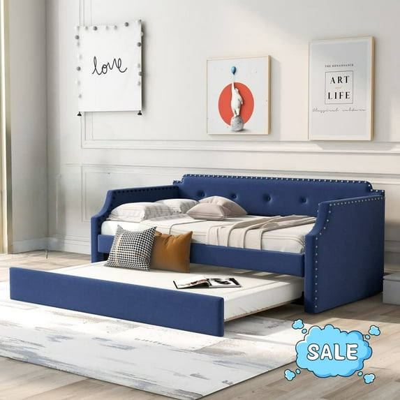Tcbosik Daybed with Trundle, Twin Size Linen Fabric Upholstered Sofa Bed for Bedroom, Living Room, Guest Room, Space Saving, Blue