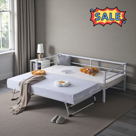Tcbosik Daybed with Trundle, Twin Size Sofa Bed, Heavy Duty Metal Bed Frame for Small Space, Living Room, Guest Room, Bedroom, White