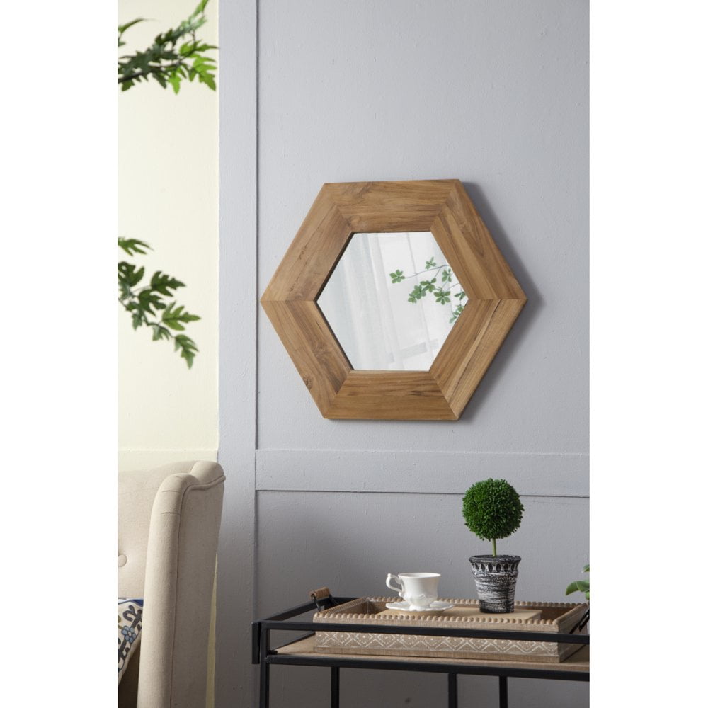 Natural Teak Wood Hexagon Wall Mirror 18.5"