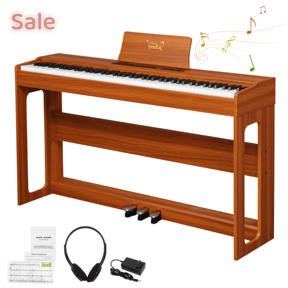Tcbosik Digital Piano Keyboard 88 Keys with Stand, Beginner Home Piano with Headphone, Power Adapter and Triple Pedals, Walnut