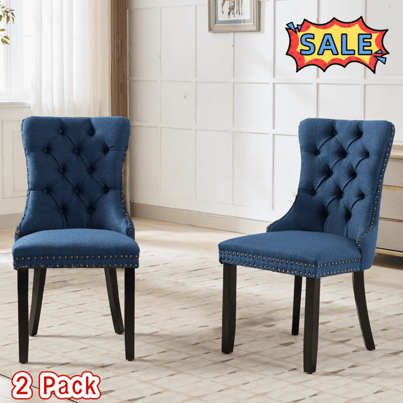 Tcbosik Dining Chairs Set of 2, Upholstered Fabric Dining Room Chair with Button Tufted Back, Accent Chair with Wood Legs for Living Room, Bedroom, Kitchen, Blue & Black