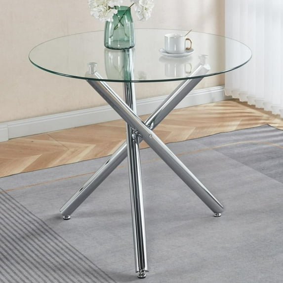 Tcbosik Dining Table, 35.4" Round Leisure Table with Glass Top & Metal Legs for Small Space, Kitchen, Living Room, Chrome