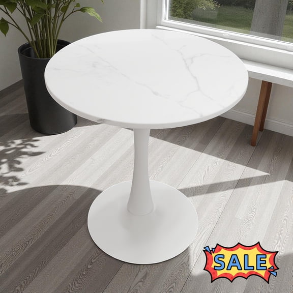 Tcbosik Dining Table, Small Round Kitchen Table for 2 Person, Farmhouse Coffee Table with Faux Marble Top and Metal Pedestal Base for Living Room, White