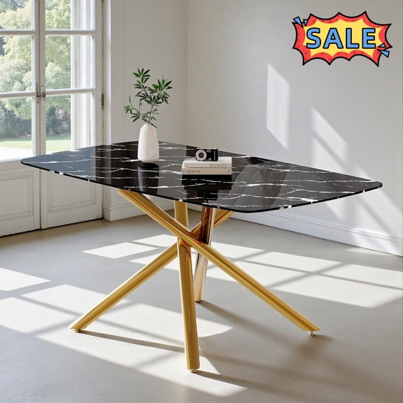 Tcbosik Dining Table for 4-6 Person, 63 Inch Rectangular Kitchen Table with Faux Marble Glass Top and Metal Legs for Living Room, Black & Gold