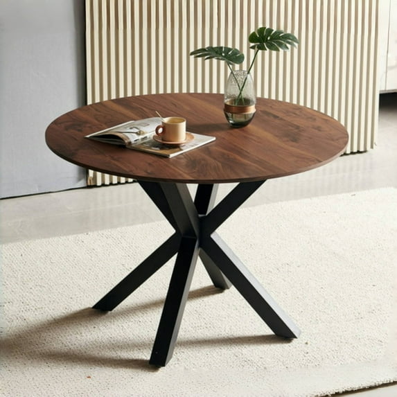 Tcbosik Dining Table with Metal Cross Legs for 4-6 Person, 42 inch Round Kitchen Table, Brown