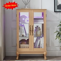Tcbosik Display Cabinet with Lights, Curio Cabinet with 2 Doors, Glass Cabinet with Adjustable Shelves and Mirrored Back Panel for Living Room, Dining Room, Entryway, Light Oak