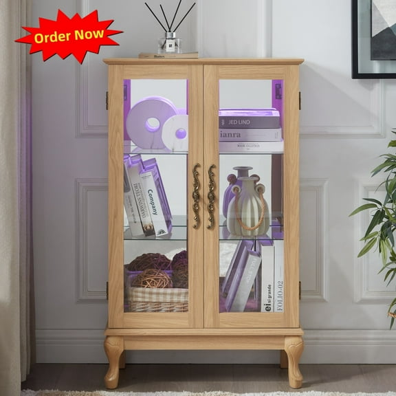 Tcbosik Display Cabinet with Lights, Curio Cabinet with 2 Doors, Glass Cabinet with Adjustable Shelves and Mirrored Back Panel for Living Room, Dining Room, Entryway, Light Oak