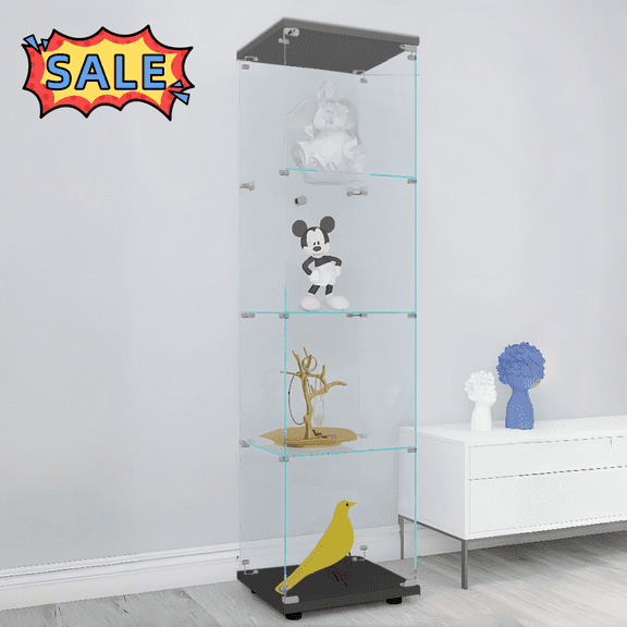 Tcbosik Display Cabinet for Collectibles, 4-Tier Curio Cabinet with Door, Glass Display Case for Home Office, Living Room, Bedroom, Black