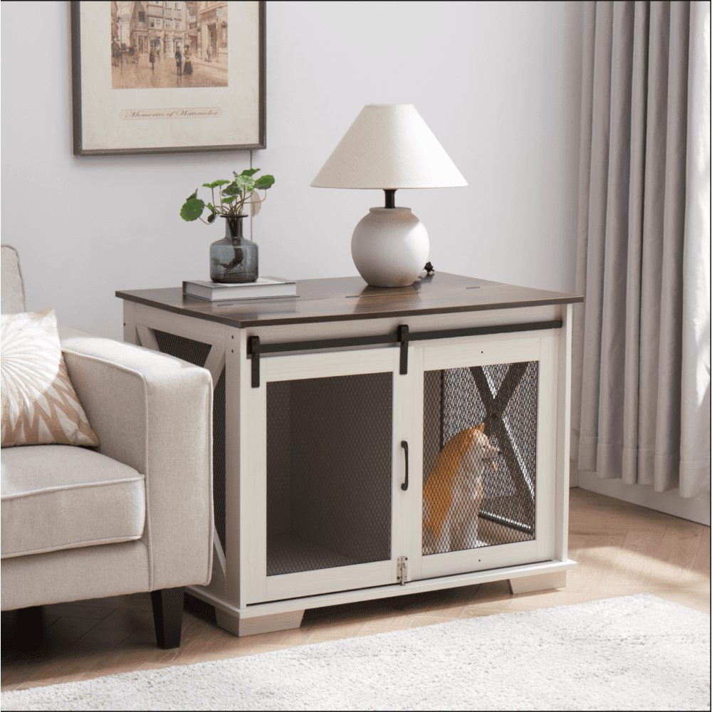 White Medium Farmhouse Dog Crate Table with Metal Mesh