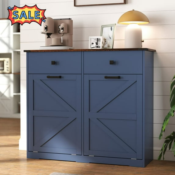 Tcbosik Double Tilt Out Trash Cabinet, Farmhouse Laundry Hamper Cabinet with 2 Drawers for 20 Gallon Trash Cans, Hidden Wooden Trash Can Cabinet for Kitchen, Living Room, Antique Navy Blue