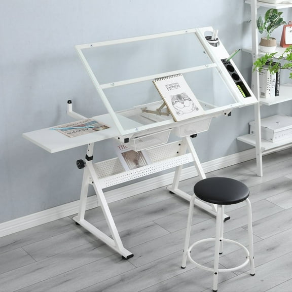 Tcbosik Drafting Table with Stool, Hand Crank Adjustable Drawing Desk with 2 Metal Drawers, Tiltable Glass Tabletop Diamond Painting Table, Multifunctional Craft Artists Desk for Reading, White