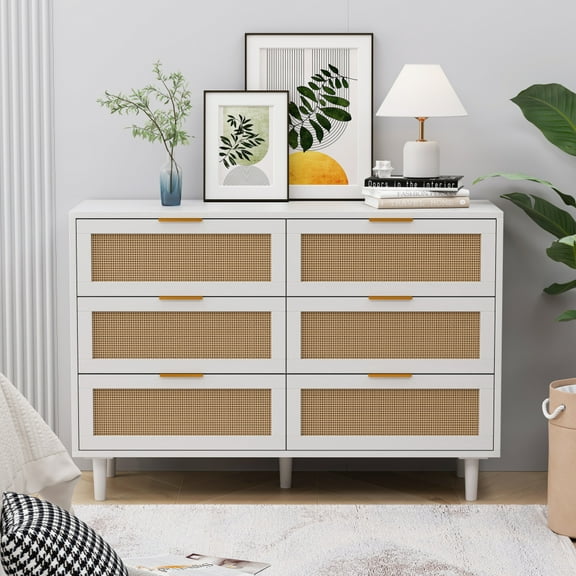 Tcbosik Dresser for Bedroom with 6 Drawers, Rattan Chest of Drawers for Living Room, Hallway, Entryway, White
