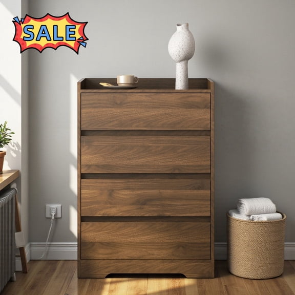 Tcbosik Dresser with 4 Storage Drawers for Bedroom, Chest of Dressers, Clothes Cabinet for Closet, Living Room, Hallway, Dark Wood