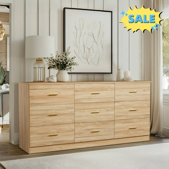Tcbosik Dresser with 9 Storage Drawers, 62.9" Modern Chest of Drawers for Home Office, Living Room, Bedroom, Natural