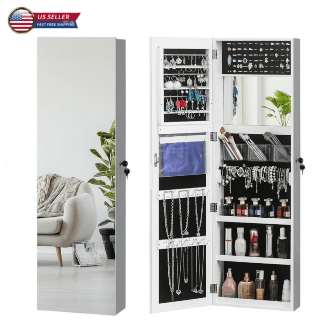 White Full-Length Mirror Cabinet with Ample Storage and Hooks