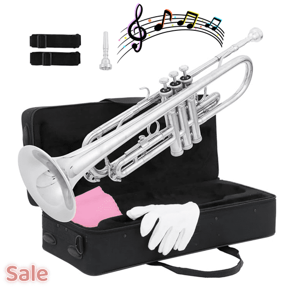 Tcbosik Drop B Trumpet Set for Beginner, Trumpet Instrument with Gloves, Silver