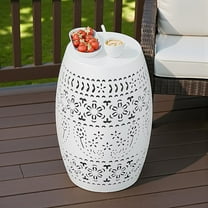 Tcbosik Drum Side Table with Cut-Out Design, Powder-Coated Iron Accent Table for Indoor & Outdoor, No-Assembly End Table for Patio and Living Room, White