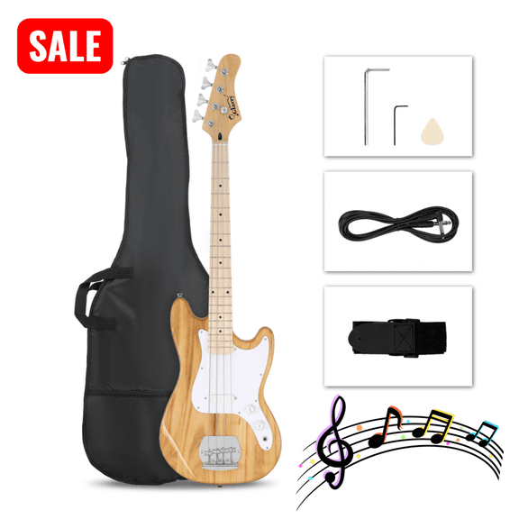 Tcbosik Electric Bass Guitar, 4 String Bass Guitar with Bag, Strap, Plectrum, Spanner Tool and Connecting Wire for Beginner, Burlywood