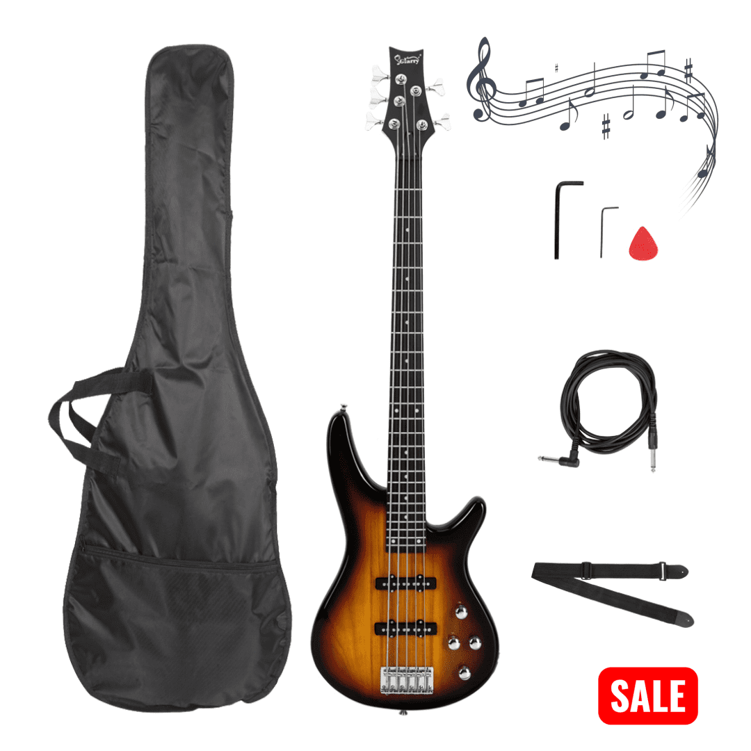 Tcbosik Electric Bass Guitar 5 Strings, Full Size Electric Bass for Adults with Bag, Strap, Plectrum, Amp Wire and Wrench Tool, Sunset Color