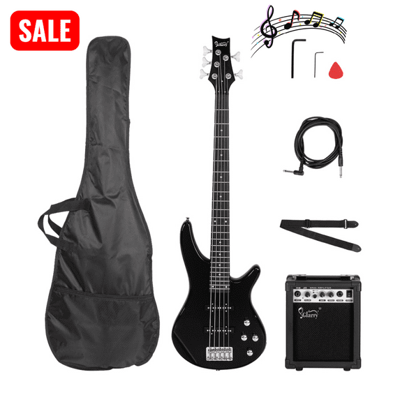 Tcbosik Electric Bass Guitar Full Size with 20 Watt Amplifier, 5 String Exquisite Stylish Bass with Bag, Strap, Plectrum, Spanner Tool and Connecting Wire, Black