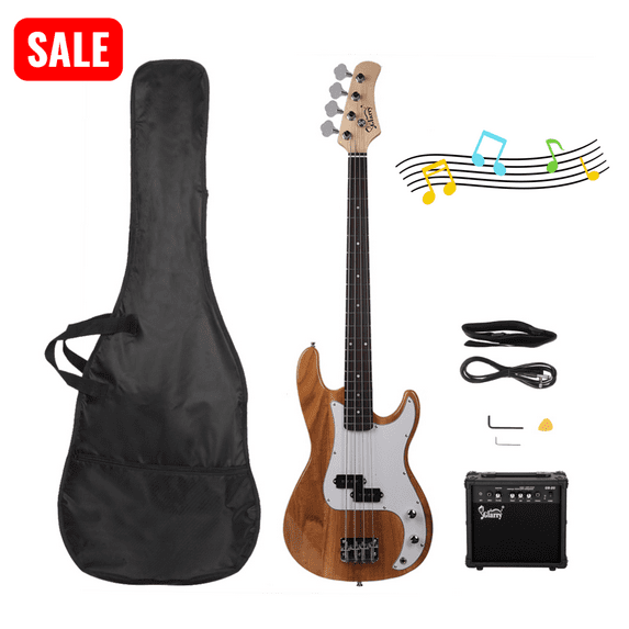 Tcbosik Electric Bass Guitar with 20W Amp, 4 String Exquisite Stylish Bass with Bag, Strap, Amp Wire and Spanner Tool for Beginner, Burlywood