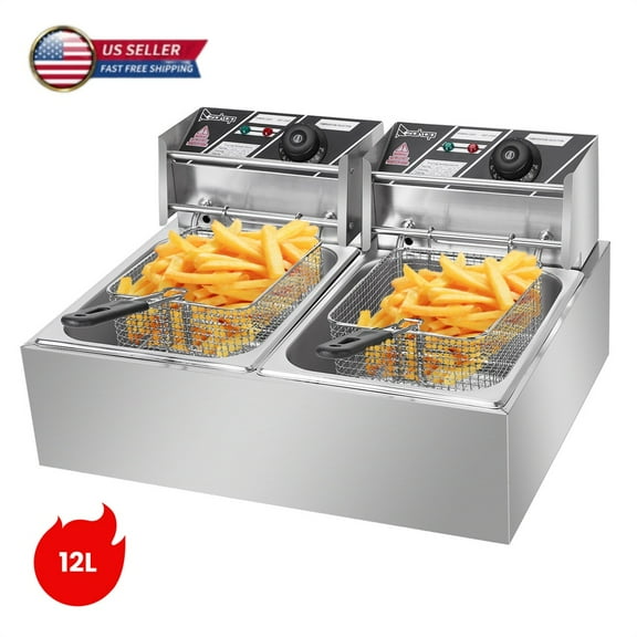 Tcbosik Electric Deep Fryer, 12L Double Cylinder Oil Fryer, Stainless Steel Electric Fryer with Temperature Control for Home Commercial, Silver