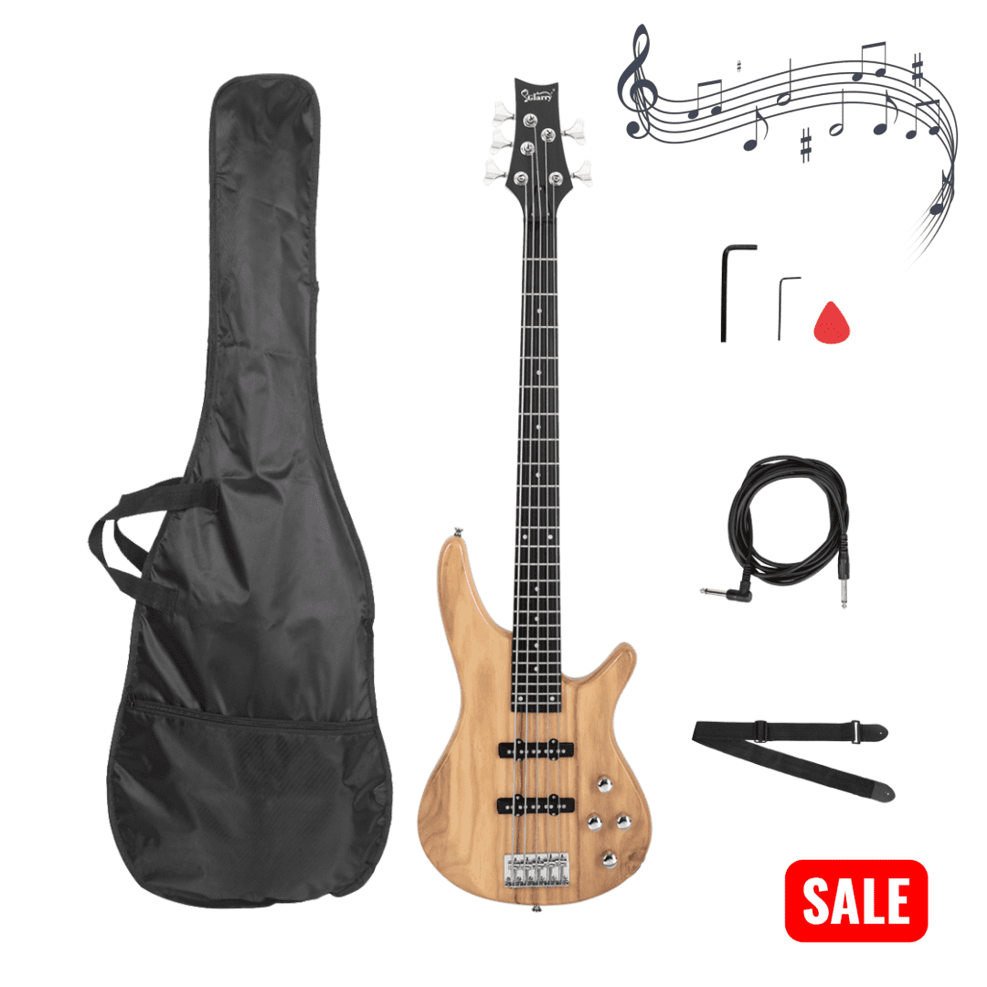 Tcbosik Electric Full Size Bass Guitar, 5 String Bass with Bag, Strap, Plectrum, Amp Wire and Wrench Tool for Adults, Burlywood