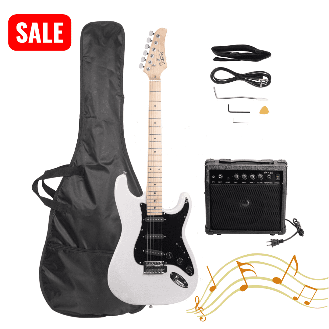 Tcbosik Electric Guitar with Amp for Adults, Beginner Electric Guitar Kit with Bag, Strap, Plectrum, Spanner Tool, Tremolo Bar and Connecting Wire, White