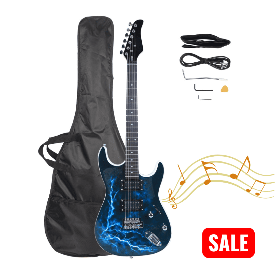 Tcbosik Electric Guitar with Strap, Bag, Plectrum, Power Wire, Tremolo Arm and Tools for Beginner, Lightning Style, Black & White
