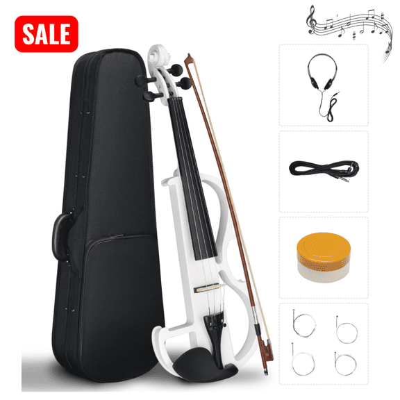 Tcbosik Electric Violin 4/4 Full Size, Silent Violin Set with Headphone and Connecting Line for Beginner, String Instrument with Case, Bow and Rosin, White