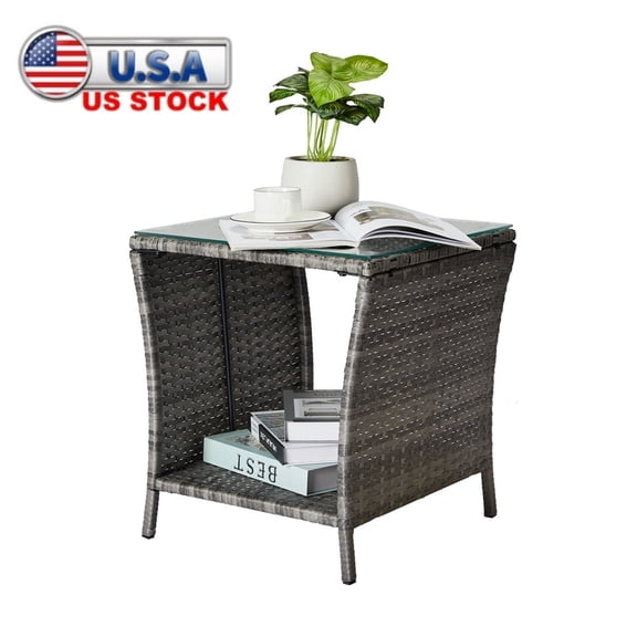 Tcbosik End Table with Storage, Rattan Side Table, Patio Side Table for Indoor Outdoor Porch Lawn Poolside Garden Backyard Balcony, Gray