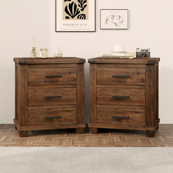 Tcbosik End Tables Set of 2, Wooden Night Stand with 3 Storage Drawers, Side Table for Small Space, Easy Assembly, Natural