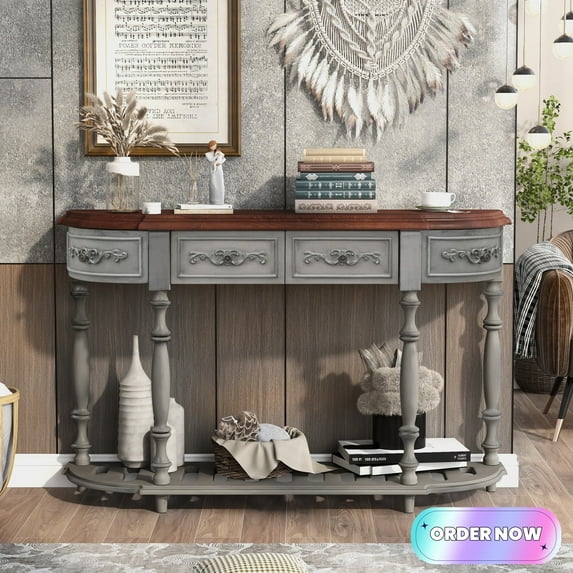 Tcbosik Entryway Console Table with Storage, Behind Couch Table with 4 Drawers, 52" Modern Sofa Table with Open Shelf for Living Room, Hallway, Antique Grey
