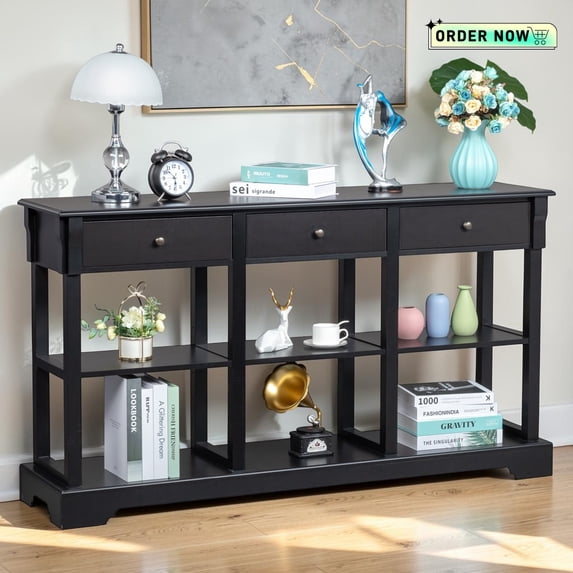 Tcbosik Entryway Console Table with Open Shelves and 3 Storage Drawers, 58.2" Long Foyer Table, Behind Couch Table for Hallway, Living Room, Black