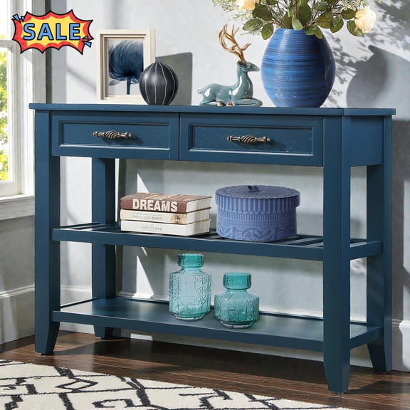 Tcbosik Entryway Table, 42" Console Table with Storage Drawer and Open Shelves, Solid Wood Buffet Sideboard for Living Room Hallway Entrance Foyer, Navy Blue