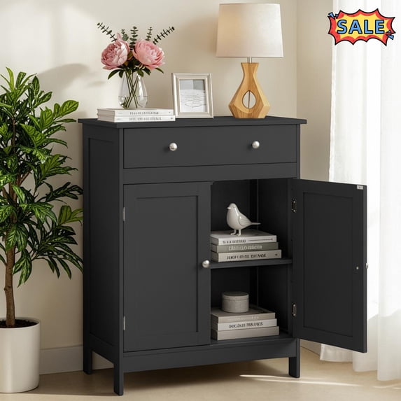 Tcbosik Farmhouse Bathroom Cabinet, 23.6"W Storage Cabinet with Drawer and 2 Doors, Modern Accent Cabinet with Adjustable Shelf for Home, Easy Assembly, Black