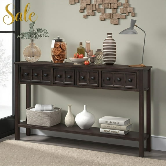 Tcbosik Farmhouse Console Table with 4 Drawer, 60" Long Entryway Table with Open Storage Shelf, Rustic Foyer Sofa Table for Living Room, Entryway, Hallway (Espresso)