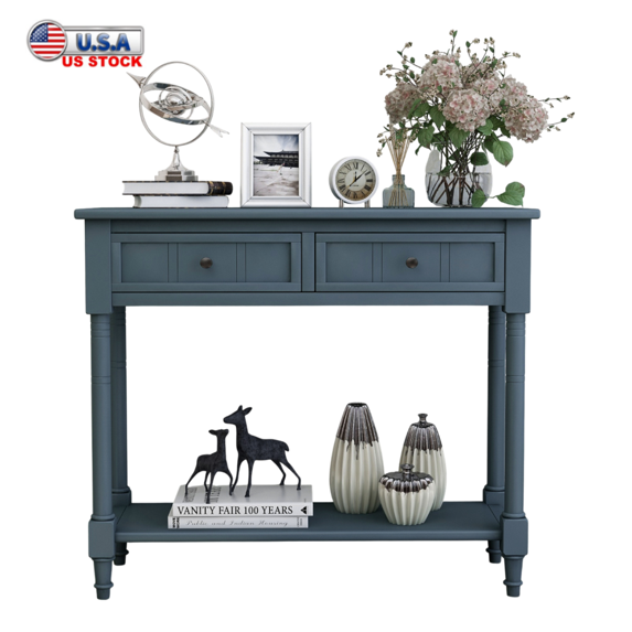 Tcbosik Farmhouse Console Table with 2 Drawers, 2-Tier Narrow Sofa Table with Open Shelf, Wooden Entryway Table for Living Room, Hallway, Foyer, Navy