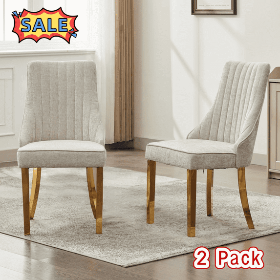 Tcbosik Farmhouse Dining Chairs Set of 2, Upholstered Accent Side Chair with Stainless Steel Legs, Chenille Fabric Kitchen Chair, Easy Assembly, Beige & Gold
