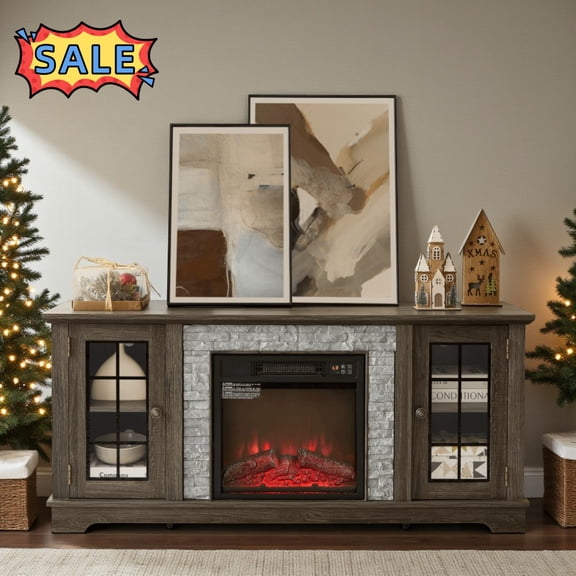 Tcbosik Farmhouse Fireplace TV Stand for Televisions up to 65 inch, Entertainment Center with Adjustable Shelves and 2 Doors, Media Console for Home Office, Grey