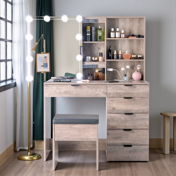 Tcbosik Farmhouse Makeup Vanity Desk with Sliding HD Mirror and Lights, Rustic Dressing Table with Charging Station, 7 Drawers & Storage Shelves, Retro Gray