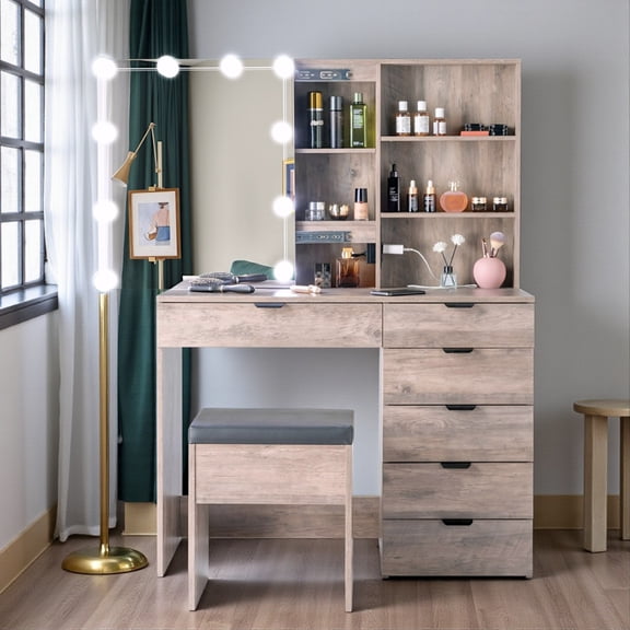 Tcbosik Farmhouse Makeup Vanity Desk with Sliding HD Mirror and Lights, Rustic Dressing Table with Charging Station, 7 Drawers & Storage Shelves, Retro Gray